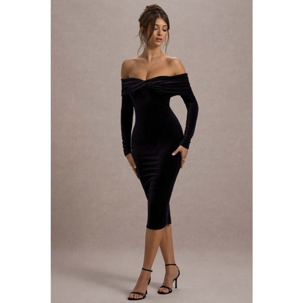 NWT Club London Compliment Black Twisted Velvet Bardot Midi Bodycon Dress Size 6